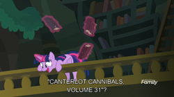 Size: 1438x803 | Tagged: safe, edit, edited screencap, screencap, character:twilight sparkle, character:twilight sparkle (alicorn), species:alicorn, species:pony, equestria girls:forgotten friendship, g4, my little pony: equestria girls, my little pony:equestria girls, book, bookshelf, cannibalism, excited, implied cannibalism, library, railing, smiling, subtitles