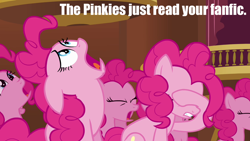 Size: 1280x720 | Tagged: safe, edit, edited screencap, screencap, character:pinkie pie, species:earth pony, species:pony, episode:too many pinkie pies, g4, my little pony: friendship is magic, caption, clone, clones, facehoof, fanfic, female, image macro, mare, meme, pinkie clone, reaction image, sitting