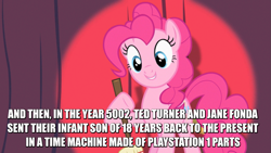 Size: 853x480 | Tagged: safe, edit, edited screencap, screencap, character:pinkie pie, species:earth pony, species:pony, episode:baby cakes, g4, my little pony: friendship is magic, atop the fourth wall, broom, caption, cute, cybernetic ghost of christmas past from the future, female, grin, jane fonda, linkara, mare, marville, playstation, smiling, spotlight, ted turner, text, wat