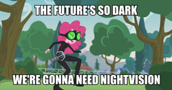 Size: 1200x627 | Tagged: safe, edit, edited screencap, screencap, character:pinkie pie, episode:pinkie spy, equestria girls:friendship games, g4, my little pony: equestria girls, my little pony:equestria girls, cat burglar, catsuit, goggles, grappling hook, image macro, meme, night vision goggles, rope, sam fisher, sneak 100, splinter cell, stealth, stealth suit