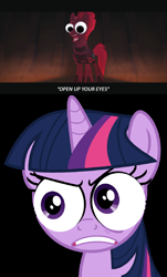 Size: 1342x2222 | Tagged: safe, edit, edited screencap, screencap, character:fizzlepop berrytwist, character:tempest shadow, character:twilight sparkle, my little pony: the movie (2017), googly eyes, implied staring contest, meme, open up your *very* eyes, open up your eyes, special eyes, staring contest