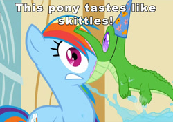 Size: 1141x810 | Tagged: safe, edit, edited screencap, screencap, character:gummy, character:rainbow dash, episode:party of one, g4, my little pony: friendship is magic, caption, great moments in animation, image macro, rainbow dash is best facemaker, taste the rainbow, text