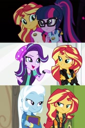Size: 1703x2560 | Tagged: safe, edit, edited screencap, screencap, character:starlight glimmer, character:sunset shimmer, character:trixie, character:twilight sparkle, character:twilight sparkle (scitwi), species:eqg human, equestria girls:forgotten friendship, equestria girls:legend of everfree, equestria girls:mirror magic, g4, my little pony: equestria girls, my little pony:equestria girls, spoiler:eqg specials, beanie, clothing, hat, sunset shimmer gets all the mares