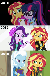 Size: 1703x2560 | Tagged: safe, edit, edited screencap, screencap, character:starlight glimmer, character:sunset shimmer, character:trixie, character:twilight sparkle, character:twilight sparkle (scitwi), species:eqg human, ship:scitwishimmer, ship:shimmerglimmer, ship:sunsetsparkle, ship:suntrix, equestria girls:forgotten friendship, equestria girls:legend of everfree, equestria girls:mirror magic, g4, my little pony: equestria girls, my little pony:equestria girls, spoiler:eqg specials, beanie, clothing, counterparts, female, glasses, hat, lesbian, shipping, sunset shimmer gets all the mares, twilight's counterparts
