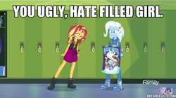 Size: 600x337 | Tagged: safe, edit, edited screencap, screencap, character:sunset shimmer, character:trixie, equestria girls:forgotten friendship, g4, my little pony: equestria girls, my little pony:equestria girls, hurricane neddy, image macro, meme, out of character, the simpsons