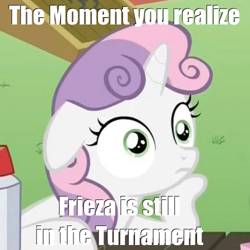 Size: 500x500 | Tagged: safe, edit, edited screencap, screencap, character:sweetie belle, episode:ponyville confidential, g4, my little pony: friendship is magic, spoiler:dragon ball super, spoilers for another series, caption, dragon ball super, exploitable meme, female, frieza, image macro, meme, misspelling, obligatory pony, solo, sudden clarity sweetie belle, text