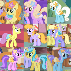 Size: 600x600 | Tagged: safe, edit, edited screencap, screencap, character:amethyst star, character:carrot top, character:diamond mint, character:drizzle, character:golden harvest, character:lemony gem, character:orange blossom, character:parasol, character:prim posy, character:serena, character:sparkler, character:spring forward, species:earth pony, species:pegasus, species:pony, species:unicorn, g4, background pony, background pony chart, chart, clothing, collage, cropped, female, flower, flower in hair, mare, party ponies, romana, saddle, skirt, tack