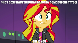 Size: 1280x714 | Tagged: safe, edit, edited screencap, screencap, character:sunset shimmer, my little pony:equestria girls, bacon, bacon hair, female, fixed, food, genesis, image macro, lip bite, lyrics, meat, meme, solo, song reference, supper's ready, text