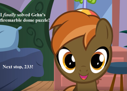 Size: 875x625 | Tagged: safe, edit, edited screencap, screencap, character:button mash, species:earth pony, species:pony, clothing, colt, cropped, happy, hat, male, myst, riven, text, youtube screencap