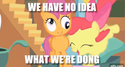 Size: 633x341 | Tagged: safe, edit, edited screencap, screencap, character:apple bloom, character:scootaloo, species:pegasus, species:pony, episode:stare master, g4, my little pony: friendship is magic, derp, i have no idea what i'm doing, image macro, meme, misspelling