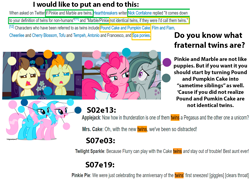 Size: 1366x1000 | Tagged: safe, edit, edited screencap, screencap, character:aloe, character:lotus blossom, character:marble pie, character:pinkie pie, character:pound cake, character:pumpkin cake, episode:a flurry of emotions, episode:baby cakes, episode:hearthbreakers, episode:it isn't the mane thing about you, g4, my little pony: friendship is magic, nick confalone, spa twins, text, twins