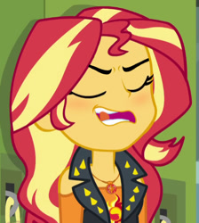 Size: 442x493 | Tagged: safe, edit, edited screencap, screencap, character:sunset shimmer, episode:driving miss shimmer, g4, my little pony: equestria girls, my little pony:equestria girls, blushing, bueno, cropped, eyes closed, female, out of context, solo