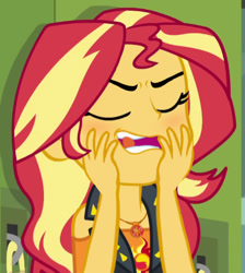Size: 442x493 | Tagged: safe, edit, edited screencap, screencap, character:sunset shimmer, episode:driving miss shimmer, g4, my little pony: equestria girls, my little pony:equestria girls, blushing, bueno, cropped, edited edit, eyes closed, female, hand, out of context, solo
