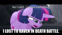 Size: 1280x720 | Tagged: safe, edit, edited screencap, screencap, character:twilight sparkle, character:twilight sparkle (alicorn), species:alicorn, species:pony, my little pony: the movie (2017), spoiler:death battle, spoilers for another series, crying, death battle, death battle drama, exploitable meme, female, floppy ears, image macro, mare, meme, no i can't i ruined everything, raven (teen titans), sad, sitting, solo
