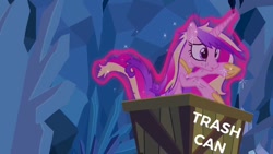 Size: 1280x720 | Tagged: safe, edit, edited screencap, screencap, character:princess cadance, episode:a canterlot wedding, g4, my little pony: friendship is magic, abuse, background pony strikes again, caddybuse, female, implied twilight sparkle, into the trash it goes, magic, magic aura, offscreen character, op is a duck, op is trying to start shit, solo, this day aria, trash can