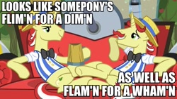 Size: 960x540 | Tagged: safe, edit, edited screencap, screencap, character:flam, character:flim, episode:the super speedy cider squeezy 6000, g4, my little pony: friendship is magic, caption, couch, flim flam brothers, hoof hold, looks like somepony's, mug, text