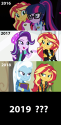 Size: 1696x3488 | Tagged: safe, edit, edited screencap, screencap, character:starlight glimmer, character:sunset shimmer, character:trixie, character:twilight sparkle, character:twilight sparkle (scitwi), species:eqg human, ship:scitwishimmer, ship:shimmerglimmer, ship:sunsetsparkle, ship:suntrix, equestria girls:forgotten friendship, equestria girls:legend of everfree, equestria girls:mirror magic, g4, my little pony: equestria girls, my little pony:equestria girls, spoiler:eqg specials, 2019, beanie, clothing, counterparts, female, glasses, hat, lesbian, shipping, sunset shimmer gets all the mares, twilight's counterparts