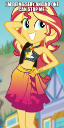 Size: 600x1196 | Tagged: safe, edit, edited screencap, screencap, character:sunset shimmer, equestria girls:forgotten friendship, g4, my little pony: equestria girls, my little pony:equestria girls, adorasexy, and nopony can stop me, belly button, clothing, cute, image macro, meme, sexy, sunset selfie, swimsuit