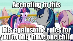 Size: 1365x768 | Tagged: safe, edit, edited screencap, screencap, character:princess cadance, character:shining armor, character:twilight sparkle, episode:the crystal empire, g4, my little pony: friendship is magic, book, crystal empire, glowing horn, horn, horn crystals, image macro, magic, magic suppression, meme, telekinesis, tired