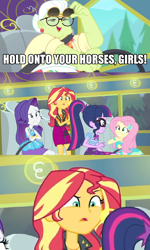 Size: 462x768 | Tagged: safe, edit, edited screencap, screencap, character:fluttershy, character:granny smith, character:rarity, character:sunset shimmer, character:twilight sparkle, character:twilight sparkle (scitwi), species:eqg human, episode:road trippin', g4, my little pony: equestria girls, my little pony:equestria girls, clothing, cropped, female, geode of empathy, geode of shielding, geode of telekinesis, image macro, magical geodes, meme, sunset shimmer is not amused, tour bus, unamused, wut face