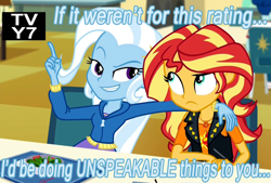 Size: 1024x692 | Tagged: safe, edit, edited screencap, screencap, character:sunset shimmer, character:trixie, ship:suntrix, equestria girls:forgotten friendship, g4, my little pony: equestria girls, my little pony:equestria girls, caption, female, image macro, innuendo, lesbian, meme, shipping, trixie yells at everything, tv-y7