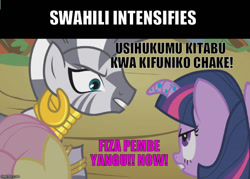Size: 697x500 | Tagged: safe, edit, edited screencap, screencap, character:twilight sparkle, character:zecora, species:pony, species:zebra, episode:bridle gossip, g4, my little pony: friendship is magic, angry, female, image macro, mare, meme, swahili, translated in the comments, x intensifies