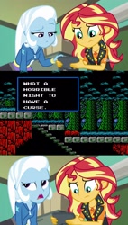 Size: 2044x3610 | Tagged: safe, edit, screencap, character:sunset shimmer, character:trixie, equestria girls:forgotten friendship, g4, my little pony: equestria girls, my little pony:equestria girls, castlevania, castlevania ii, exploitable meme, meme, nintendo entertainment system, sunset's recording