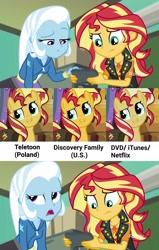 Size: 2048x3219 | Tagged: safe, edit, edited screencap, screencap, character:sunset shimmer, character:trixie, species:pony, equestria girls:forgotten friendship, equestria girls:mirror magic, g4, my little pony: equestria girls, my little pony:equestria girls, spoiler:eqg specials, bag, bust, comparison, cropped, exploitable meme, female, looking up, mare, meme, smiling, solo, sunset's recording, you had one job