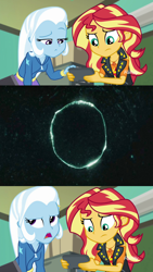 Size: 2048x3644 | Tagged: safe, edit, screencap, character:sunset shimmer, character:trixie, equestria girls:forgotten friendship, g4, my little pony: equestria girls, my little pony:equestria girls, exploitable meme, meme, sunset's recording, the ring, this will end in death, this will end in seven days