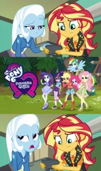 Size: 1210x2048 | Tagged: safe, edit, screencap, character:applejack, character:fluttershy, character:pinkie pie, character:rainbow dash, character:rarity, character:sunset shimmer, character:trixie, character:twilight sparkle, character:twilight sparkle (scitwi), species:eqg human, equestria girls:forgotten friendship, equestria girls:legend of everfree, g4, my little pony: equestria girls, my little pony:equestria girls, clothing, converse, envy, exploitable meme, humane five, humane six, jealous, left out, meme, my little pony logo, ponied up, shoes, sneakers, sunset's recording, you had one job