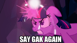 Size: 1280x720 | Tagged: safe, edit, edited screencap, screencap, character:twilight sparkle, episode:a canterlot wedding, episode:the crystal empire, g4, my little pony: friendship is magic, angry, female, gak, glowing horn, gone mad, horn, image macro, magic, solo