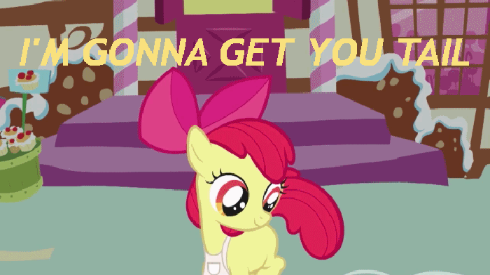 Size: 700x394 | Tagged: safe, edit, edited screencap, screencap, character:apple bloom, species:earth pony, species:pony, episode:call of the cutie, g4, my little pony: friendship is magic, adorabloom, animated, apron, butt, caption, chasing own tail, clothing, cute, female, filly, good trick, image macro, plot, solo, spin, spinning, tail