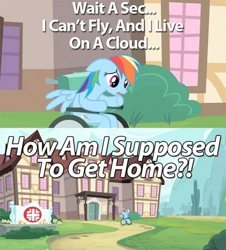 Size: 530x585 | Tagged: safe, edit, edited screencap, screencap, character:rainbow dash, species:pegasus, species:pony, episode:read it and weep, g4, my little pony: friendship is magic, anatomically incorrect, female, fridge logic, hospital, image macro, incorrect leg anatomy, mare, meme, reality ensues, solo, truth, wheelchair
