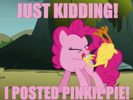 Size: 428x320 | Tagged: safe, edit, edited screencap, screencap, character:pinkie pie, episode:dragonshy, g4, my little pony: friendship is magic, animated, artifact, eyes closed, female, gif, image macro, meme, mouth hold, rubber chicken, solo