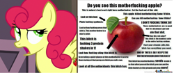 Size: 1170x492 | Tagged: safe, edit, screencap, character:strawberry sunrise, species:pegasus, species:pony, apple, cute, extreme advertising, eyes closed, female, food, image macro, implied applejack, mare, meme, open mouth, photo manipulation, photomanipulation, text, that pony sure does love apples, unamused, vulgar