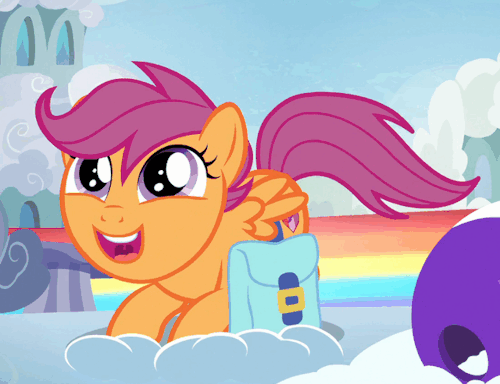 Size: 500x384 | Tagged: safe, edit, screencap, character:scootaloo, species:pegasus, species:pony, episode:parental glideance, g4, my little pony: friendship is magic, animated, behaving like a dog, butt shake, cloudsdale, cute, cutealoo, female, mare, plot, puppy dog eyes, saddle bag, scootapup, tail wag