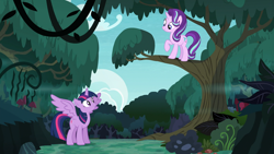 Size: 1920x1080 | Tagged: safe, edit, edited screencap, screencap, character:starlight glimmer, character:twilight sparkle, character:twilight sparkle (alicorn), species:alicorn, species:pony, species:unicorn, episode:every little thing she does, g4, my little pony: friendship is magic, bush, cloud, everfree forest, eyes closed, fern, forest, looking down, looking up, mist, mushroom, nature, perch, raised hoof, scenery, sky, smiling, spread wings, tree, tree branch, wings