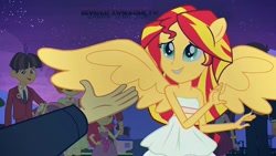 Size: 1080x608 | Tagged: safe, edit, edited screencap, screencap, character:apple bloom, character:flash sentry, character:scribble dee, character:sunset shimmer, character:sweetie belle, character:wiz kid, ship:flashimmer, equestria girls:equestria girls, g4, my little pony: equestria girls, my little pony:equestria girls, alternate universe, apple, background human, bracelet, clothing, dress, eating, fall formal outfits, female, food, hairpin, holding, jewelry, lapel pin, male, necklace, necktie, ponied up, shimmercorn, shipping, straight, suit, teddy t. touchdown, tuxedo, wiz kid