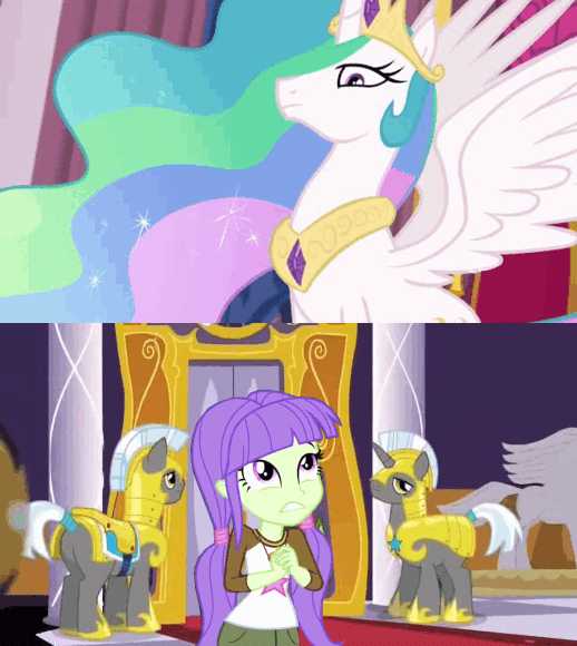 Size: 518x580 | Tagged: safe, edit, edited screencap, screencap, character:princess celestia, character:starlight, species:alicorn, species:pony, equestria girls:forgotten friendship, g4, my little pony: equestria girls, my little pony:equestria girls, animated, armor, crown, door, guard, hair, half, jewelry, living room, regalia, royal guard, scared, starlight, to the moon