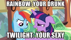 Size: 1280x720 | Tagged: safe, edit, edited screencap, screencap, character:rainbow dash, character:twilight sparkle, character:twilight sparkle (alicorn), species:alicorn, species:pony, ship:twidash, caption, drunk, drunk twilight, family guy, female, grammar error, image macro, lesbian, mare, meme, misspelling of you're, reference, shipping