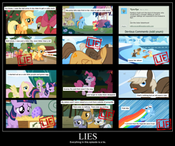 Size: 1470x1226 | Tagged: safe, edit, edited screencap, screencap, character:apple bloom, character:applejack, character:big mcintosh, character:cloudy quartz, character:dumbbell, character:fluttershy, character:granny smith, character:hoops, character:igneous rock pie, character:limestone pie, character:pinkie pie, character:rainbow dash, character:spike, character:twilight sparkle, character:twilight sparkle (unicorn), species:dragon, species:earth pony, species:pegasus, species:pony, species:unicorn, episode:call of the cutie, episode:friendship is magic, episode:sonic rainboom, episode:the cutie mark chronicles, g4, my little pony: friendship is magic, chart, colt, female, filly, implied granny pie, lies, male, mare, stallion, word of faust