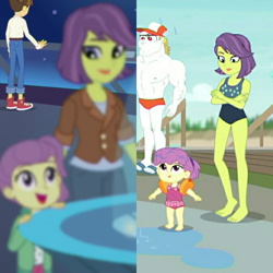 Size: 2048x2048 | Tagged: safe, edit, edited screencap, screencap, character:bulk biceps, character:victoria, character:wiz kid, episode:star crossed, episode:x marks the spot, g4, my little pony: equestria girls, my little pony:equestria girls, background human, care root, clothing, comparison, lily pad (equestria girls), one-piece swimsuit, swimsuit, victoria, water lily (equestria girls), water wings, wiz kid, young