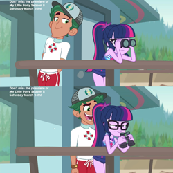 Size: 2048x2048 | Tagged: safe, edit, edited screencap, screencap, character:timber spruce, character:twilight sparkle, character:twilight sparkle (scitwi), species:eqg human, ship:timbertwi, episode:unsolved selfie mysteries, g4, my little pony: equestria girls, my little pony:equestria girls, binoculars, clothing, eyes on the prize, faec, female, geode of telekinesis, lifeguard timber, magical geodes, male, shipping, straight, swimsuit