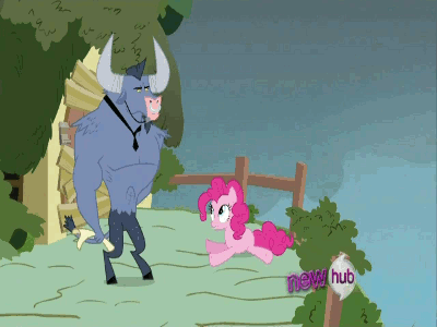 Size: 400x300 | Tagged: safe, edit, edited screencap, screencap, character:iron will, character:pinkie pie, character:rarity, species:earth pony, species:minotaur, species:pony, species:unicorn, episode:putting your hoof down, g4, my little pony: friendship is magic, animated, female, gif, hub logo, image macro, male, manly grocery shopping, mare, reaction image, vulgar, wrong aspect ratio