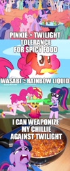 Size: 500x1218 | Tagged: safe, edit, edited screencap, screencap, character:pinkie pie, character:twilight sparkle, character:twilight sparkle (alicorn), species:alicorn, species:pony, episode:friendship is magic, episode:sonic rainboom, g4, my little pony: equestria girls, my little pony: friendship is magic, my little pony: the movie (2017), my little pony:equestria girls, chili, comparison, fallacy, fire, fire breath, image macro, meme, misspelling, red face