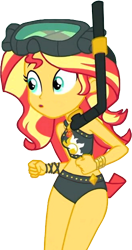 Size: 372x705 | Tagged: safe, edit, screencap, character:sunset shimmer, g4, my little pony: equestria girls, my little pony:equestria girls, background removed, belly button, bikini, bracelet, clothing, curvy, goggles, jewelry, midriff, simple background, snorkel, swimsuit, transparent background