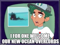 Size: 512x384 | Tagged: safe, edit, edited screencap, screencap, character:timber spruce, episode:unsolved selfie mysteries, g4, my little pony: equestria girls, my little pony:equestria girls, beach, floaty, i for one welcome our new overlords, image macro, kent brockman, lifeguard timber, male, meme, the simpsons