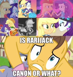 Size: 1024x1080 | Tagged: safe, edit, edited screencap, screencap, character:applejack, character:caramel, character:diamond cutter, character:rarity, species:pony, ship:rarijack, episode:fame and misfortune, episode:lost and found, episode:rarity investigates: the case of the bedazzled boot, equestria girls:equestria girls, equestria girls:legend of everfree, equestria girls:rainbow rocks, g4, my little pony: equestria girls, my little pony: friendship is magic, my little pony:equestria girls, applejack is not amused, argument, bass guitar, catching, clothing, comparison, continuity, cousins, cropped, cute, drama queen, dramamel, duo, eyes closed, eyeshadow, female, glow, grayscale, hat, headphones, image macro, jackabetes, lesbian, lidded eyes, magnet, makeup, marshmelodrama, meme, monochrome, musical instrument, pink shirt, ponied up, ponyville, raribetes, rarity investigates (eqg): applejack, shipping, shipping fuel, sparkles, swimsuit, unamused, yelling