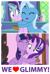 Size: 932x1376 | Tagged: safe, edit, edited screencap, screencap, character:starlight glimmer, character:trixie, character:twilight sparkle, character:twilight sparkle (alicorn), species:alicorn, species:pony, ship:startrix, ship:twistarlight, episode:a royal problem, episode:all bottled up, g4, my little pony: friendship is magic, counterparts, female, glimmy, twilight's counterparts