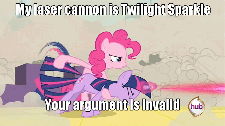 Size: 750x422 | Tagged: safe, edit, edited screencap, screencap, character:pinkie pie, character:twilight sparkle, character:twilight sparkle (unicorn), species:pony, species:unicorn, episode:a canterlot wedding, g4, my little pony: friendship is magic, animated, behaving like a weapon, gif, hub logo, image macro, laser, meme, twigun, your argument is invalid